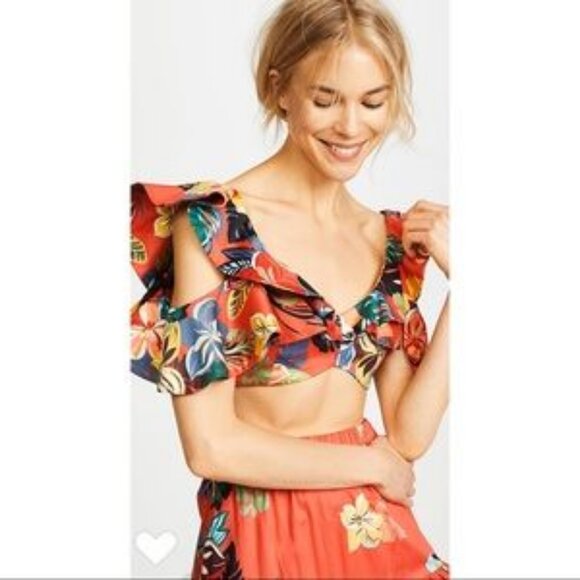 Women Alexis Camille Red Multicolor Floral Cold Shoulder Calypso Crop Top S - Picture 2 of 11